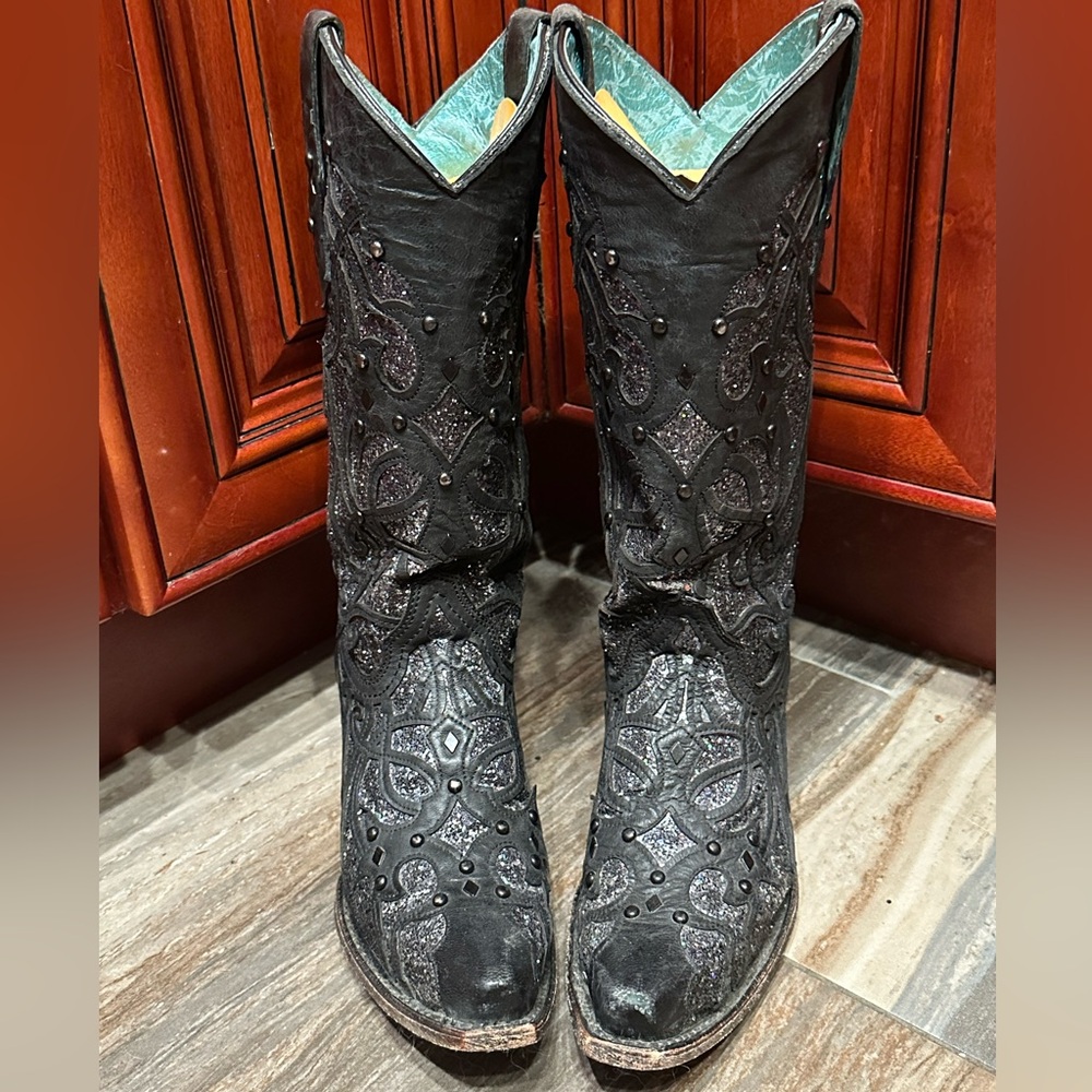 Corral Oryx Black Glitter Studded Cowboy Boots C3423 Size 7.5 Cowgirl Rodeo - Picture 10 of 14